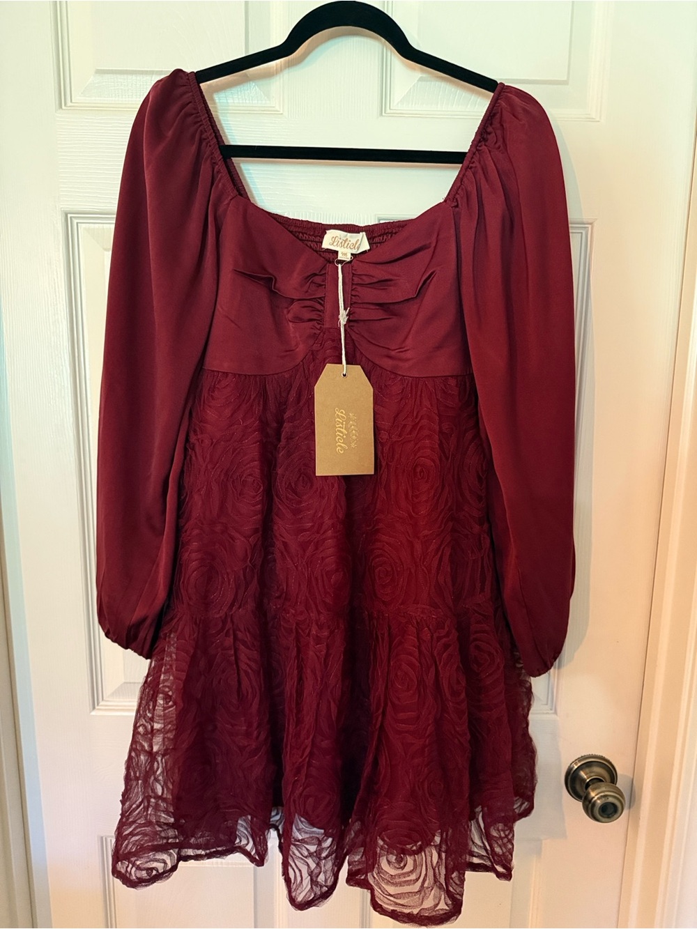 Listicle Burgundy Rosette Mini Dress with Puff Sleeves